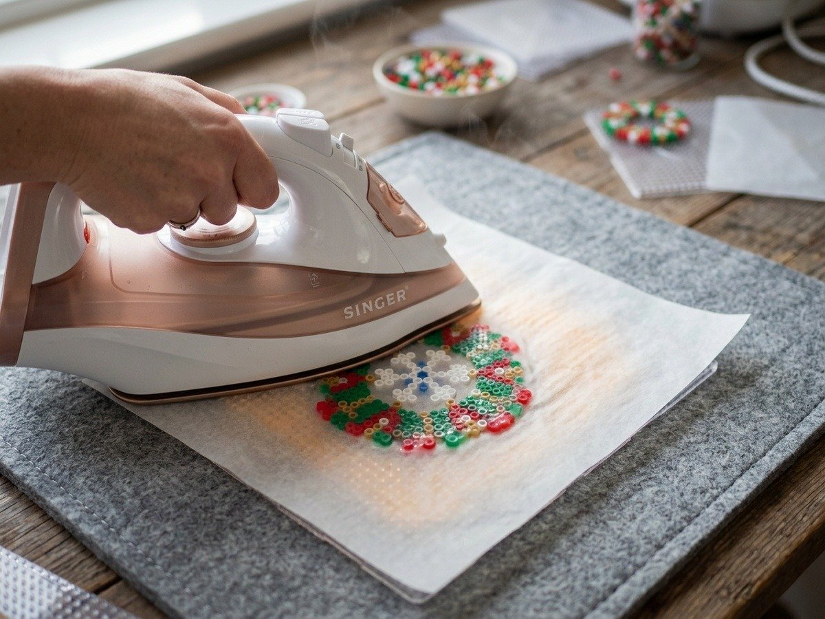 Close up view of clothes iron gently pressing through translucent parchment paper onto Christmas fuse beads on pressing mat