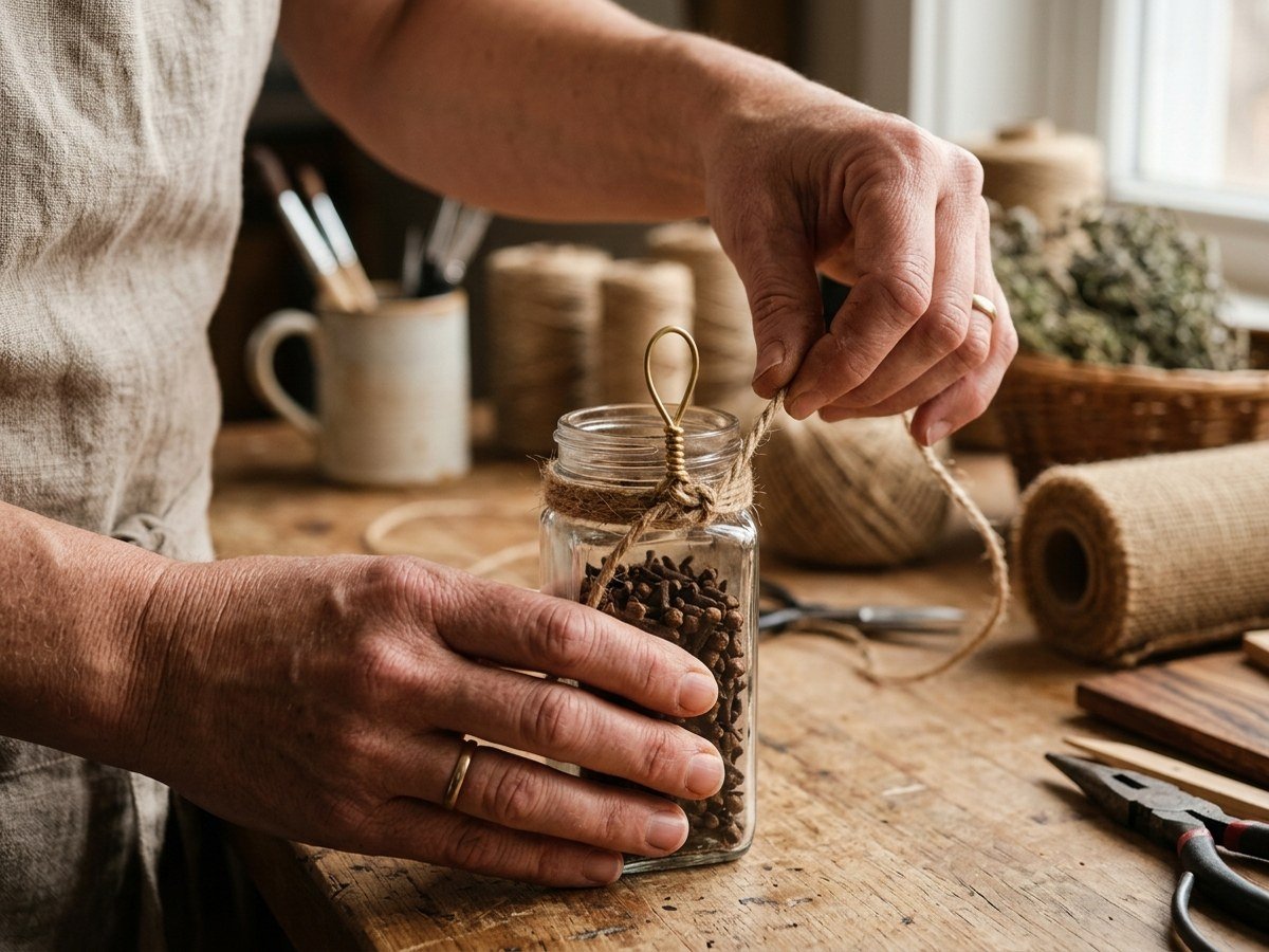 Maker hands knotting a jute twine collar around the neck of a clear glass spice jar for hanging