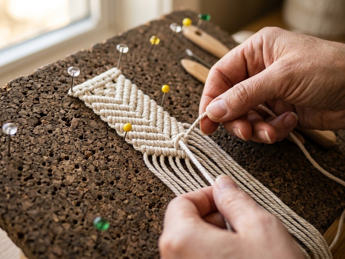 Artisan hands knotting diagonal double half hitch chevron pattern for a macrame bookmark on cork board