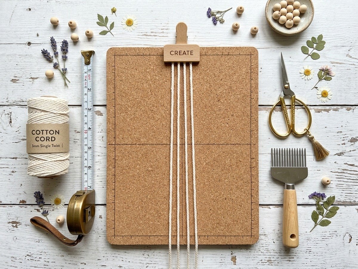Essential supplies and measuring setup for DIY macrame bookmark on a cork knotting board