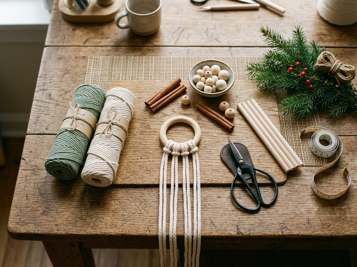 Holiday macrame craft supplies including wooden rings cinnamon sticks 4mm cotton cord and wooden dowels