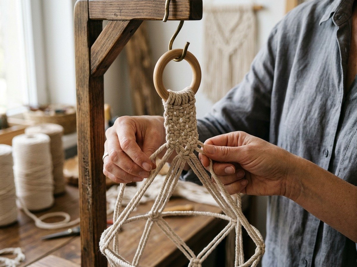 Artisan hands knotting square knots and diamond sling cradle on wooden ring for macrame hat hanger
