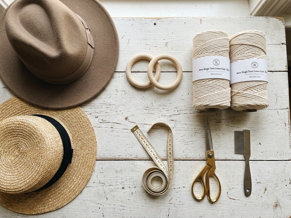 Essential craft supplies for DIY macrame hat holder including wooden rings 4mm cotton cord and measuring tape