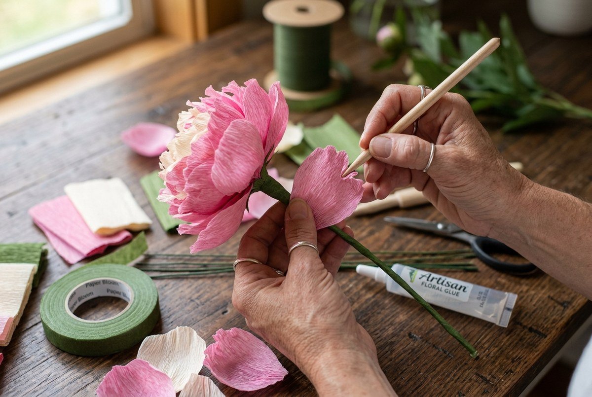 Artisan hands shaping and stretching delicate Italian crepe paper petals to build realistic 3D paper peony flower