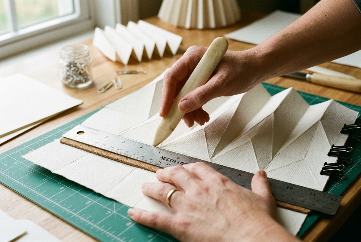 Artisan hands using bone folder and steel ruler to score and accordion-pleat thick textured cream watercolor paper