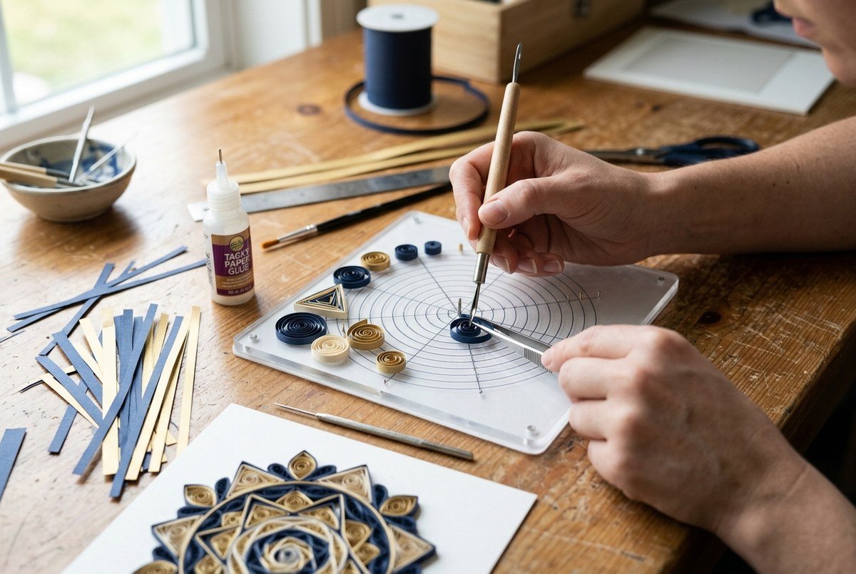 Artisan hands using slotted paper quilling tool and tweezers to shape paper strips into geometric coils and spirals