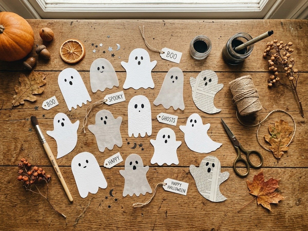 Handmade paper ghost cutouts with craft twine, brass scissors, and dried autumn leaves on rustic wooden table