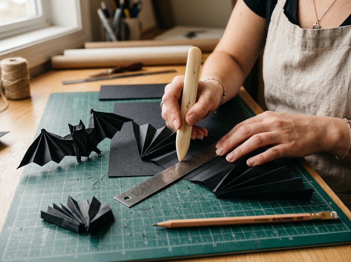 Scoring and folding black cardstock paper with a bone folder for 3D origami Halloween bats
