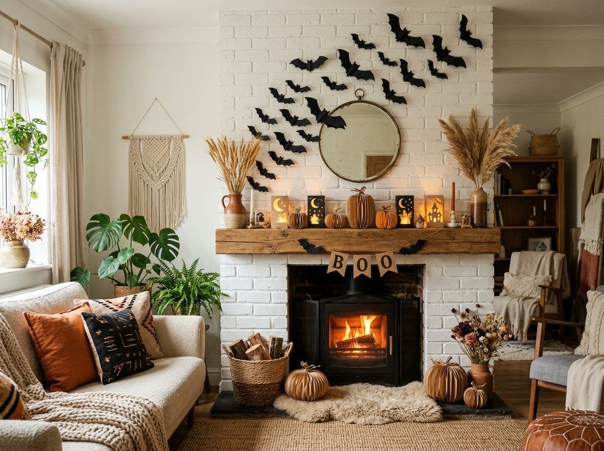 Aesthetic living room mantel decorated with DIY paper halloween crafts including 3D bats and kraft paper pumpkins