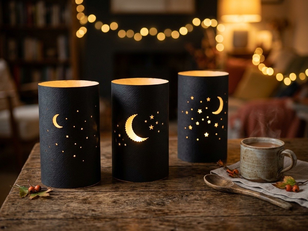 Handmade pierced black construction paper tea light luminaries with crescent moon and star patterns on wooden table