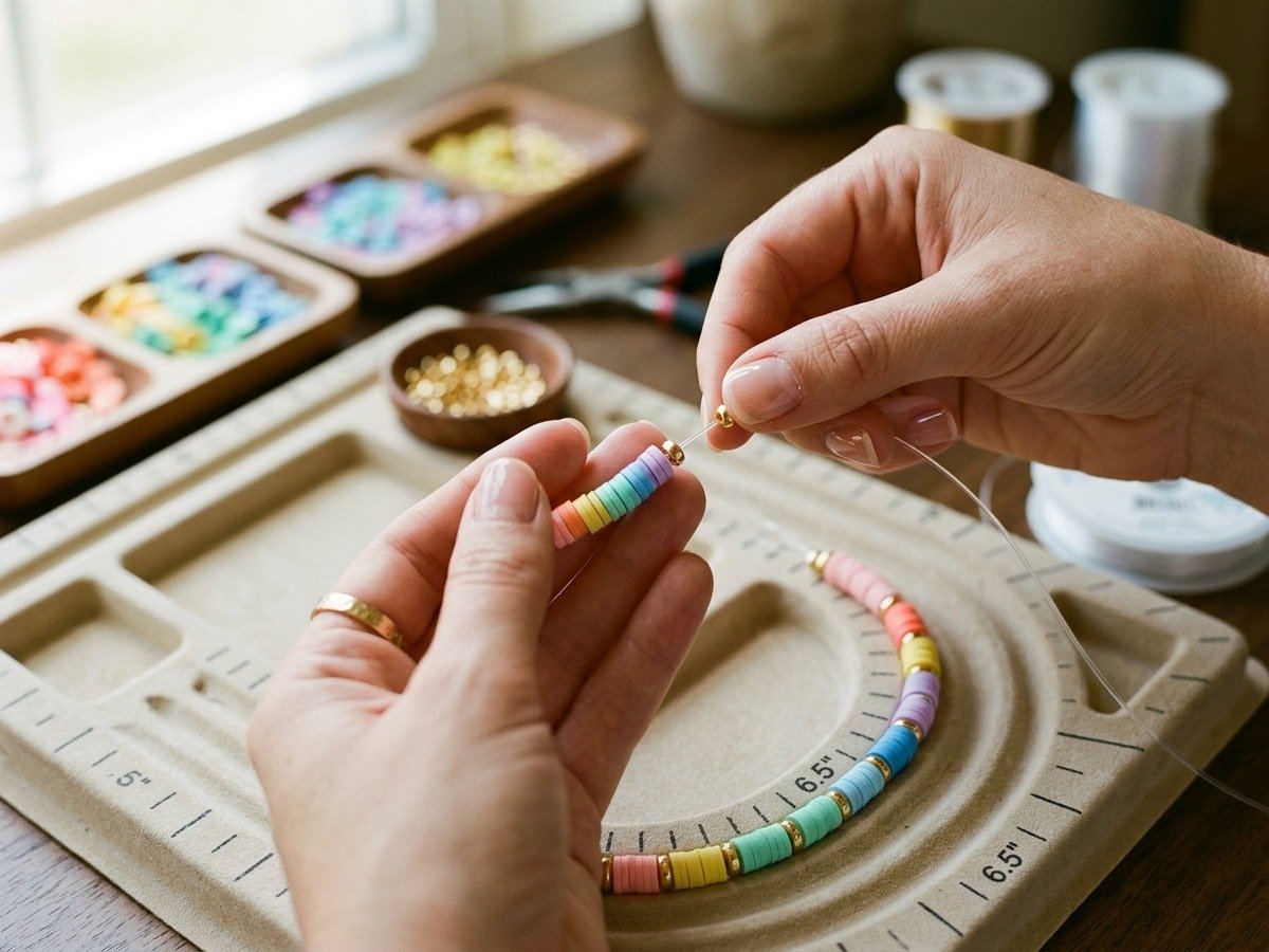 Close-up hands threading colorful polymer clay heishi beads and gold disc spacers on bead board
