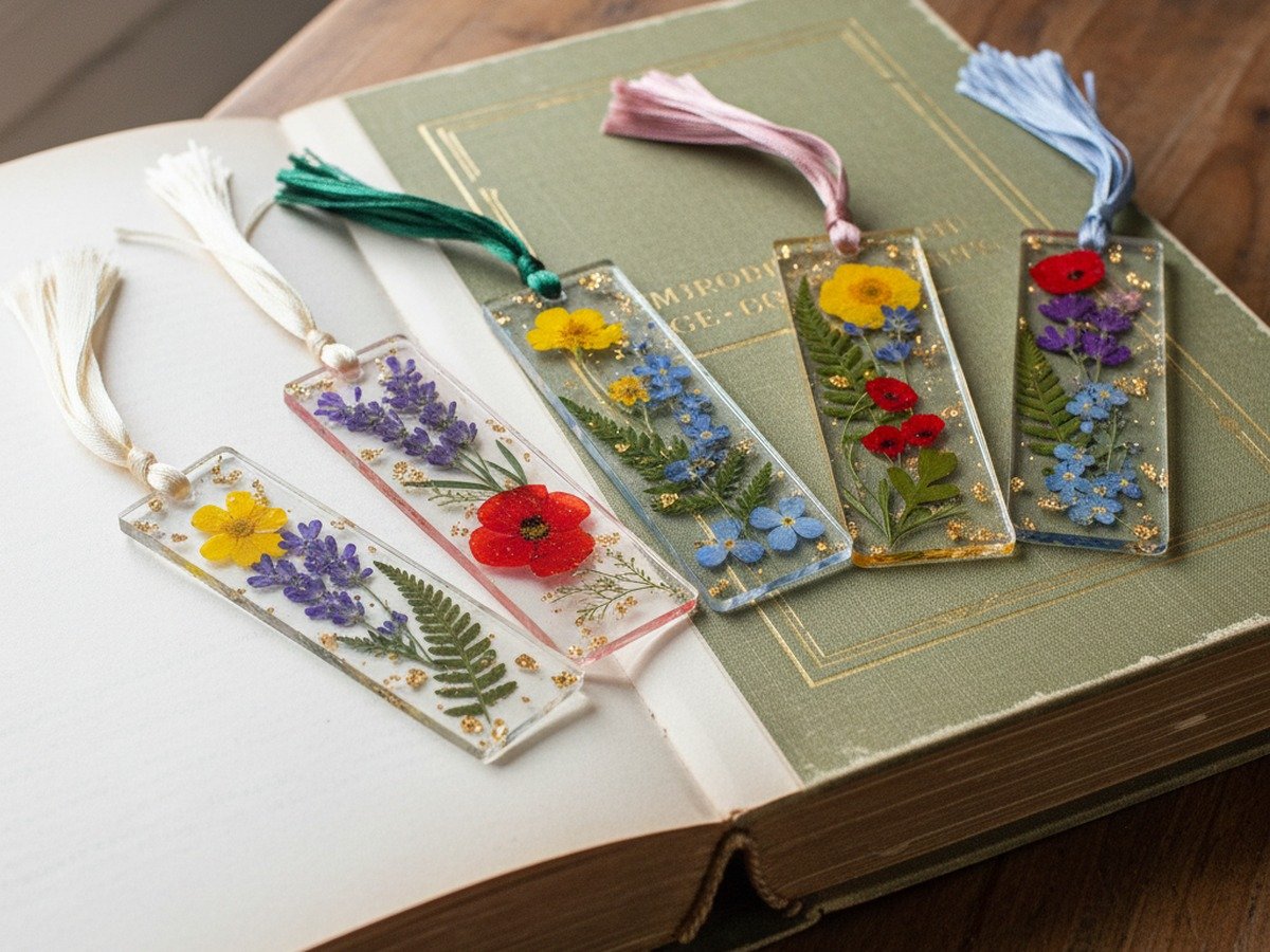 Crystal clear resin bookmarks embedded with dried wildflowers and gold flakes resting on open book