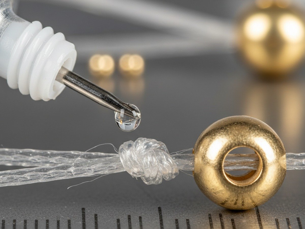 Macro view of GS Hypo Cement needle applicator applying glue droplet to elastic knot next to gold bead