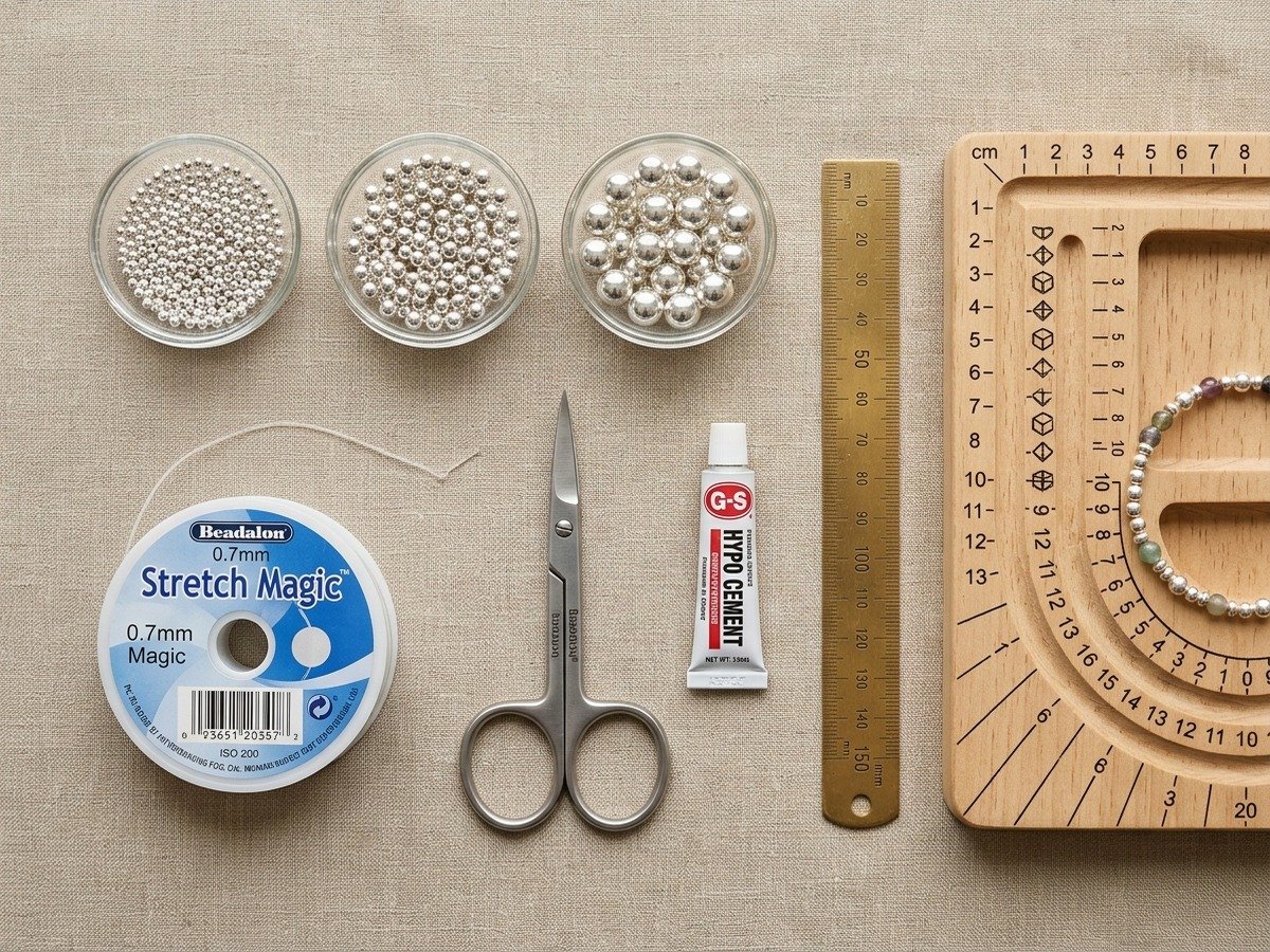 Jewelry making supplies flatlay with sterling silver beads in glass dishes, Beadalon Stretch Magic elastic cord, G-S Hypo Cement, and bead board