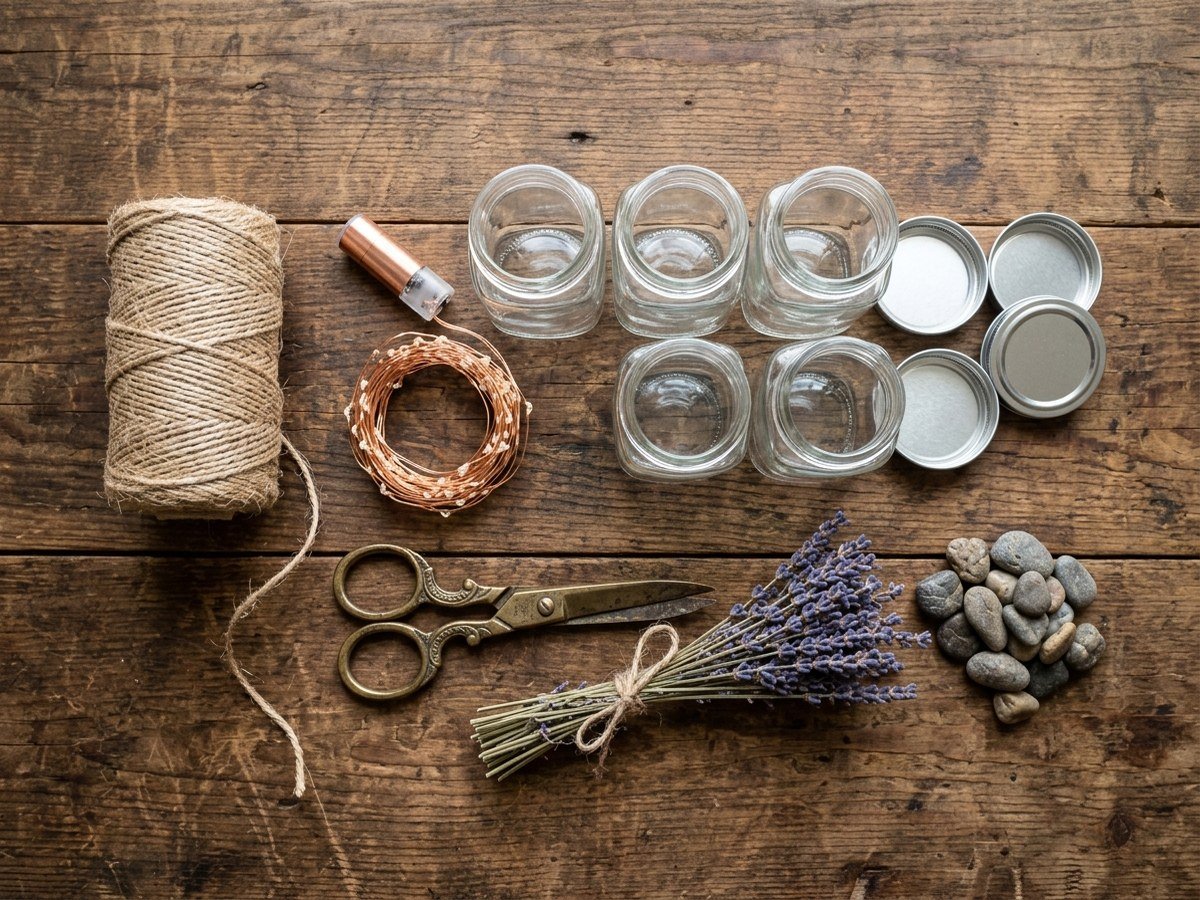 Craft supplies flatlay for DIY patio decor spice jars including clean glass jars, jute twine, fairy lights, and river stones