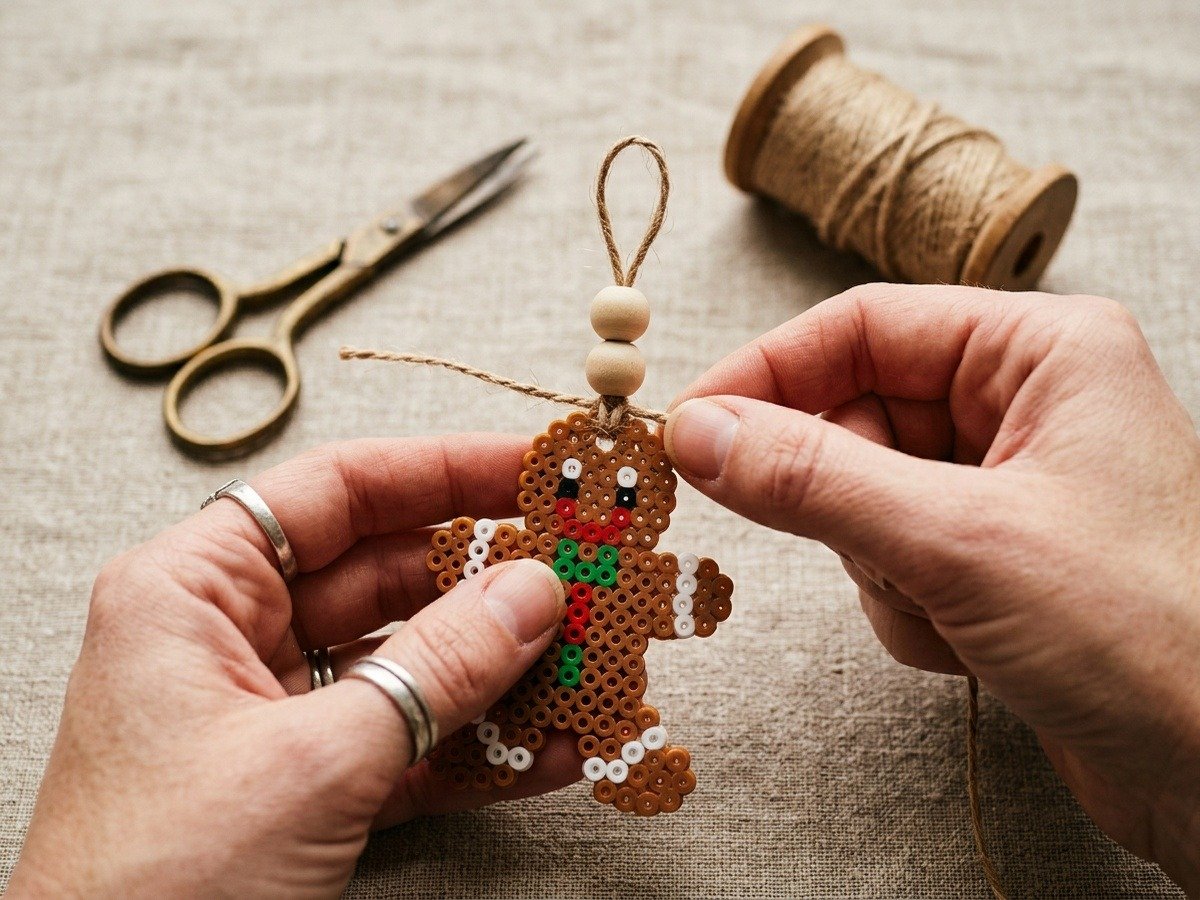 Hands threading natural jute twine through top opening of fused gingerbread man Perler ornament and sliding raw wooden spacer beads