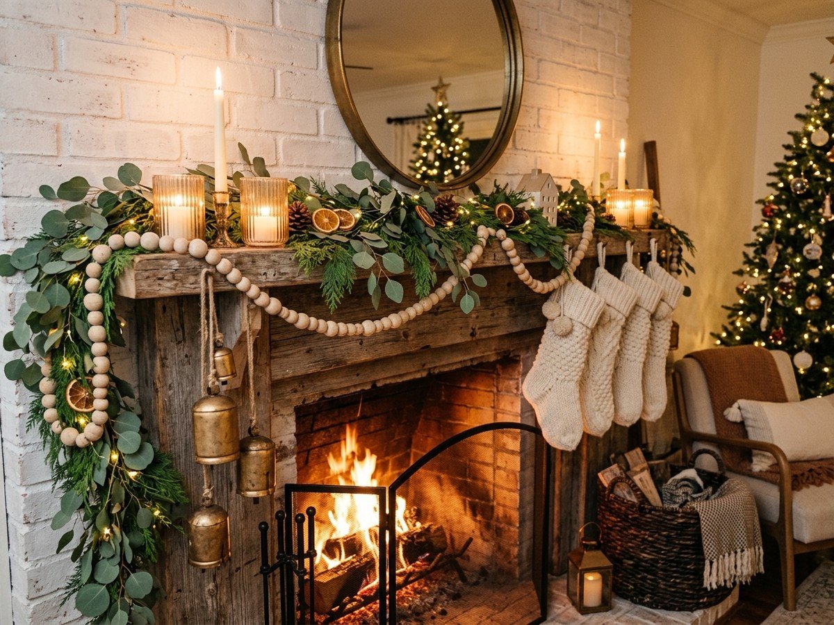 Styled bohemian fireplace mantel with eucalyptus garland, wooden bead swag, and candles