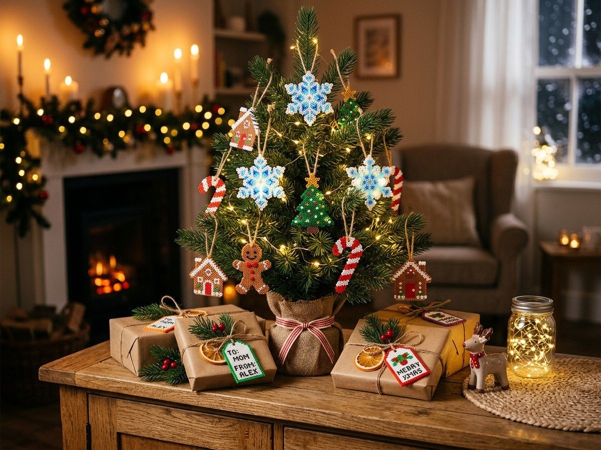 Charming tabletop pine Christmas tree decorated with handmade Perler bead ornaments and gifts wrapped in brown kraft paper