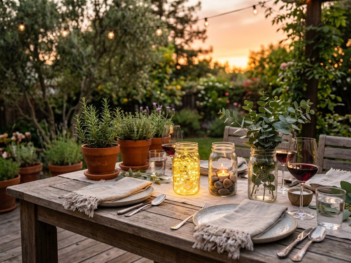 Styled patio dining table at sunset with upcycled spice jar lanterns glowing with warm fairy lights and fresh herbs