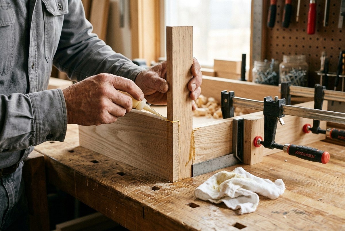 Artisan hands applying yellow wood glue and clamping timber joints with metal bar clamps