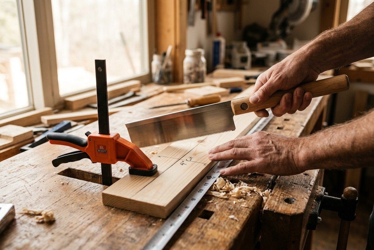 Artisan hands using Japanese pull saw to cut pine board clamped on wooden workbench