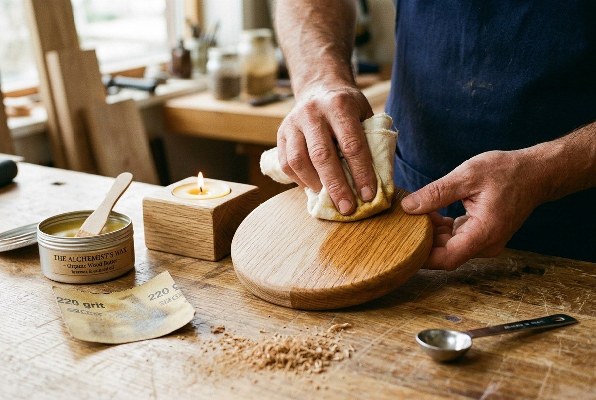 Artisan hands rubbing organic beeswax and mineral wood butter into smooth oak coaster