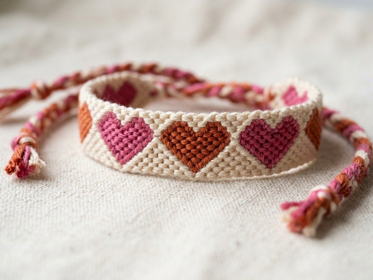 Close-up detail of finished woven heart motif in pink and terracotta thread on cotton friendship bracelet