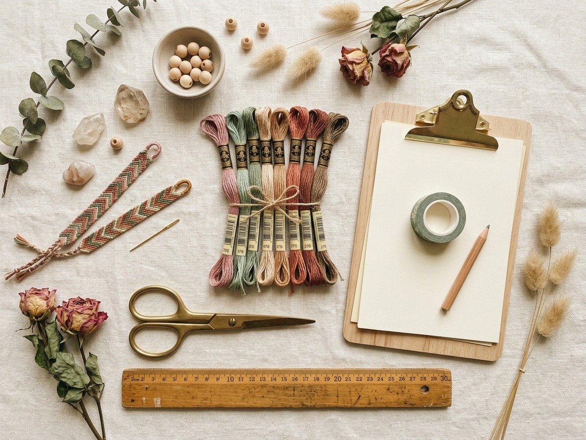 Supplies and materials needed to make a friendship bracelet heart pattern including embroidery floss, scissors, and clipboard