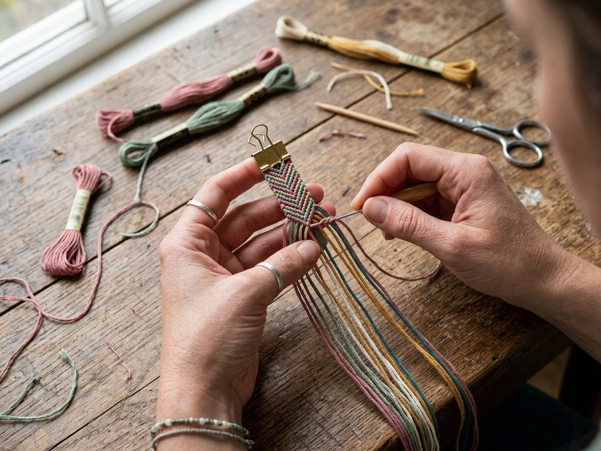Demonstration of tying forward and backward double hitch knots on embroidery floss